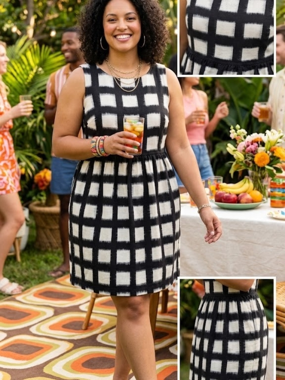 Liz Claiborne NY Monochrome Shift Dress Plaid Academic Workwear Pockets Midsize
